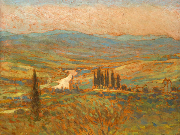 Augusto Majani, Paesaggio romagnolo, 1918, olio su cartone, cm. 28x36. Collezione privata