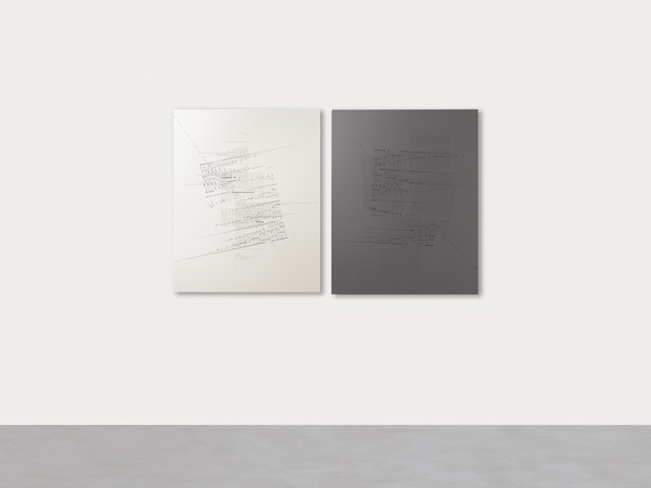 Riccardo De Marchi, 3 pagine, 2019-20. Aluminum and painting, 100x80 cm. 5 testi, 2020. Aluminum, painting and holes, 100x80 cm.