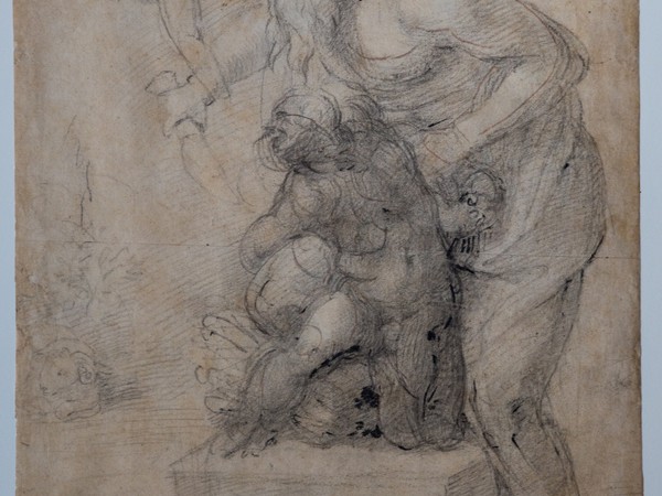 Michelangelo Buonarroti, <em>Sacrificio di Isacco, </em>1530 circa, matita nera, matita rossa, penna (<em>recto</em>), matita nera (<em>verso</em>), mm 482 x 298. Firenze, Casa Buonarroti, inv. 70 F<br />