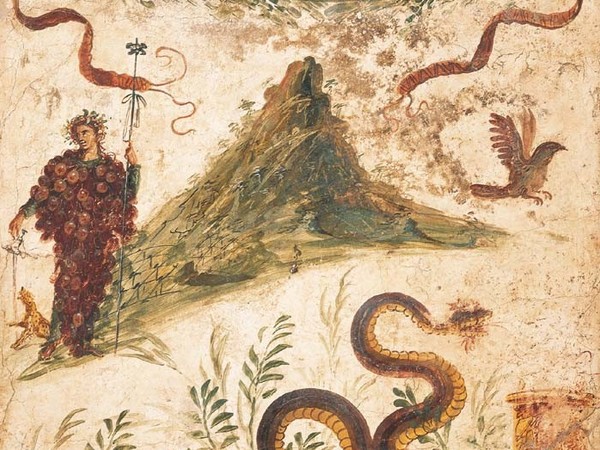 Bacco con corpo coperto di grappoli, il Vesuvio, affresco, 68-79 d.C., da Pompei, Casa del Centenario Napoli, Museo Archeologico Nazionale Su concessione del Ministero dei beni e delle attività culturali e del turismo: Museo Archeologico Nazionale, Napoli