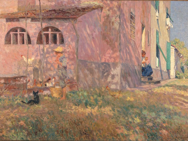 Giorgio Kienerk, Intorno casa. Mattino d’agosto, 1920. Olio su cartone, cm 51x70,5. Firmato e datato in basso a destra: "G. Kienerk 1920". Acquisto del Comune di Pavia, 1928