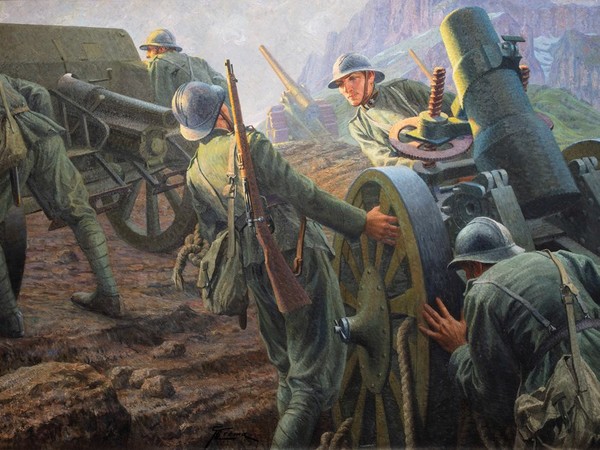 Giovanni Battista Crema, Itala gens: l’esercito di terra, c. 1938. Olio su tavola, cm. 80x140. Collezione privata I Ph. Giuseppe Schiavinotto, Roma