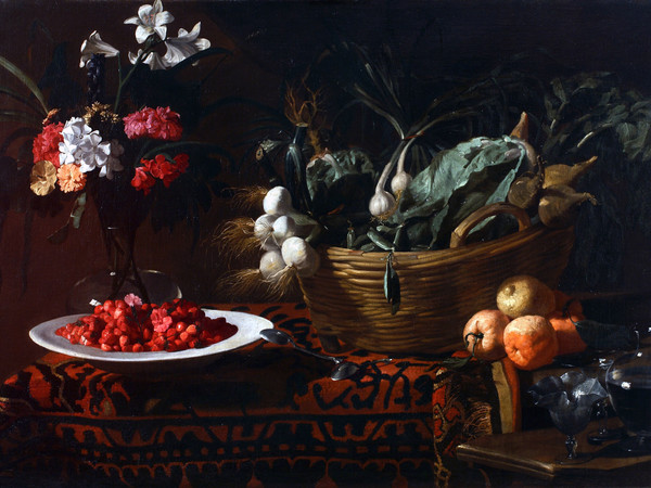 Giacomo Liegi, Cesta con verdura, vaso di fiori e fragoline, 114x172 cm, Collezione privata