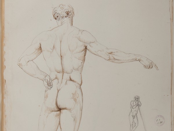 Antonio Canova, Nudo stante di schiena con un braccio proteso e schizzi di nudo a matita, datato “19 luglio 807”. Inchiostro seppia e matita su carta, 505 x 340 mm. Bassano del Grappa, Museo-Biblioteca-Archivio, D2 48.766