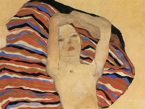 Egon Shiele, Nudo su tessuto colorato, 1911