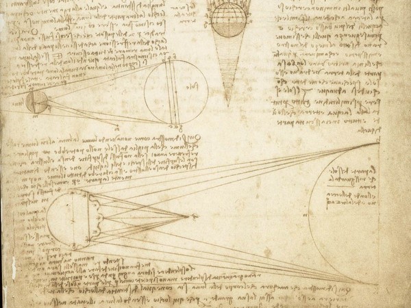 Leonardo da Vinci, Codice Leicester: studi sul lume cinereo della Luna, 1504-1508 circa, Uno dei diciotto bifogli del Codice Leicester, 30 x 44 cm circa, Medina, State of Washington, Collezione Bill Gates, 1835 73rd Ave NE