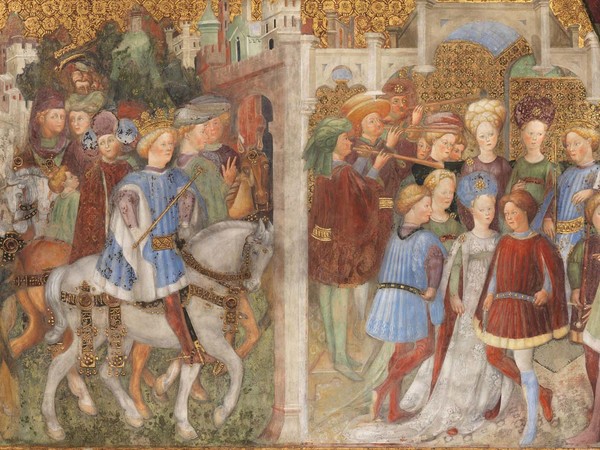 Bottega degli Zavattari, Leggenda di Teodolinda, scene 11 e 12, Ritorno di Autari in Italia e La corte festeggia le prossime nozze. © Museo e Tesoro del Duomo di Monza/foto Piero Pozzi