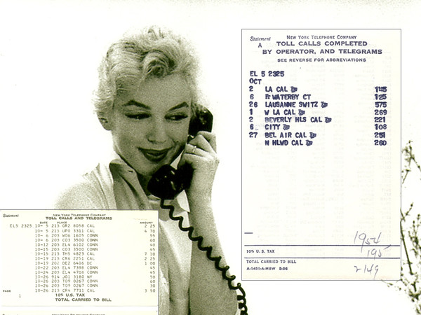 Bollette del telefono originali di Marilyn Monroe inclusa fotografia di Milton Greene, Collezione Stampfer | Collage © Ted Stampfer,Foto © Milton Greene