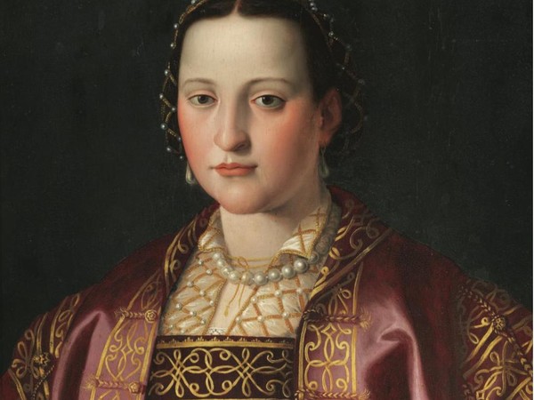 Bottega di Agnolo Bronzino, Ritratto di Eleonora Álvarez de Toledo consorte di Cosimo I de’ Medici. Settimo-ottavo decennio del XVI secolo. Tavola, cm. 67x52. Firenze, Collezione FGB