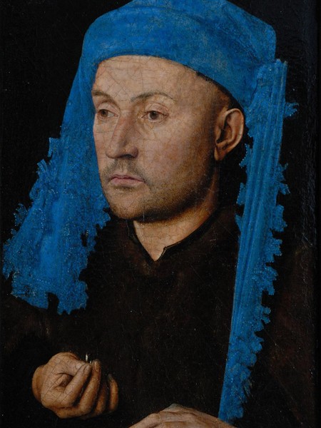 Jan Van Eyck, Ritratto d'uomo con copricapo azzurro, 1429 ca, olio su tavola, cm 19,1x13,2