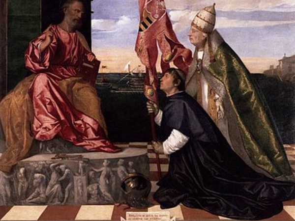 Tiziano Vecellio, Il vescovo Jacopo Pesaro e il papa Alessandro VI davanti a San Pietro, <span>1510 -1514, o</span><span>lio su tela, 168x206 cm, </span><span>Anversa, Museum voor Schone Kunsten</span>