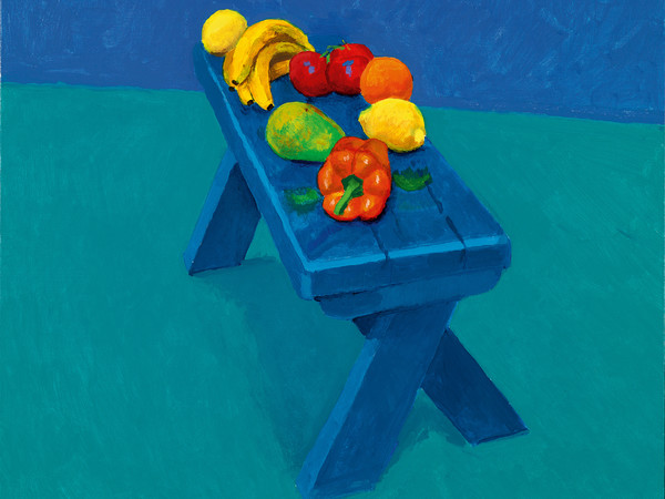 David Hockney, Fruit on a Bench, 6, 7, 8 marzo 2014, Acrilico su tela, 91.4 x 121.9 cm | © David Hockney | Foto: Richard Schmidt