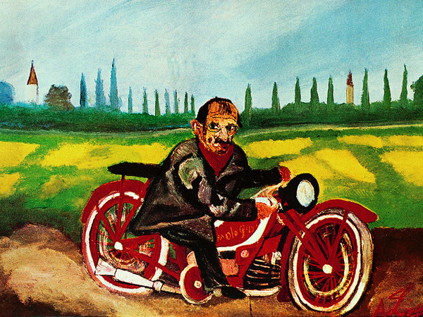 Antonio Ligabue, <em>Autoritratto sulla moto</em>, 1953, Olio su faesite, 57 x 39 cm, Parma, Collezione privata