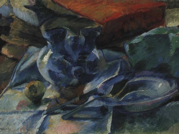 Umberto Boccioni, Natura morta di terraglie, posate e frutti, 1916, cm 35x50, Museo del Novecento, Milano