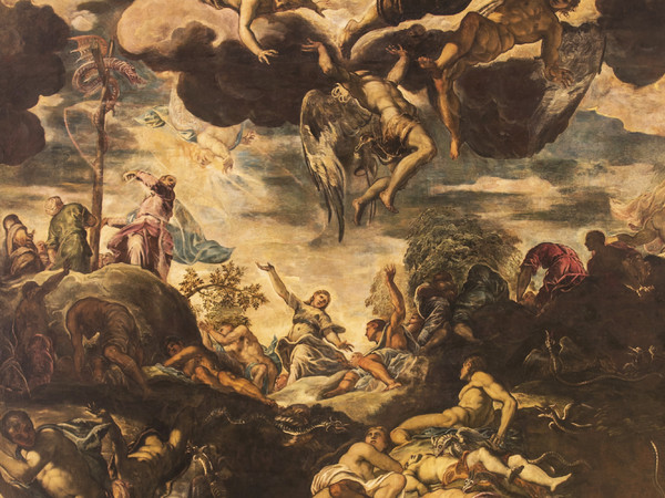 Tintoretto, L’erezione del serpente di bronzo, 1575-1576, Sala Capitolare Scuola Grande di San Rocco, Venezia, Olio su tela, 520 x 840 cm | © Scuola Grande di San Rocco e Chiesa di San Rocco | Courtesy of Sky Italia s.r.l. Tintoretto – Un Ribelle a Venezia e Sky Arts Production Hub 2019