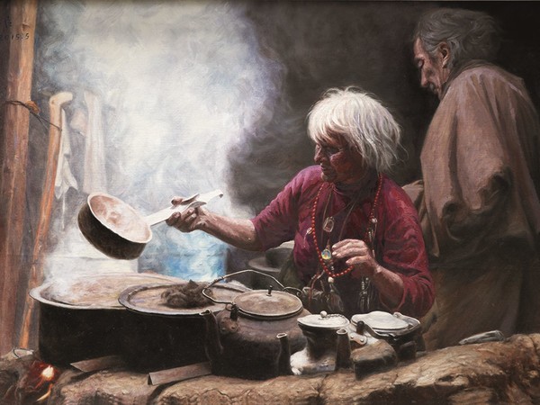 Han Yuchen, Fumo dei camini delle cucine, 2015. Olio su tela, cm. 85x130
