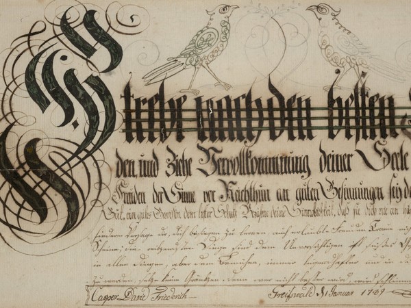 Caspar David Friedrich, <em>Writing sheet "Strive for the best friends (...)"</em>, 1789, pen and ink on handmade paper, Pomeranian State Museum