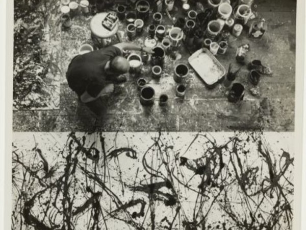 Jackson Pollock at work, 1950 / Rudy Burckhardt, photographer. Jackson Pollock and Lee Krasner papers, Archives of American Art, Smithsonian Institution.