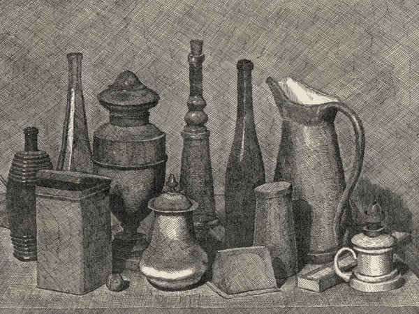 Giorgio Morandi, <em>Grande natura morta con lampada a destra</em>, 1928, Acquaforte, 459 x 321 mm, Civica Raccolta delle Stampe “A. Bertarelli”, Milano