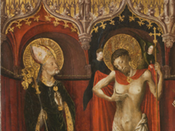 Giusto di Ravensburg (attr), Cristo che mostra la ferita del costato tra Sant’Ambrogio e Sant’Agostino tavola, collezione privata (già Brugherio, Sant’Ambrogio)