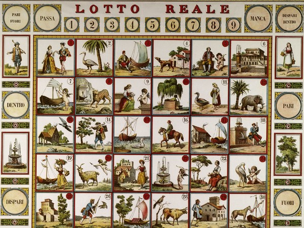 Lotto Reale, Bologna, Lit. G. Wenk e Figli, 1866-1892, Stampa,Foglio 774 x 780 mm, Gioco a estrazione, simile alla tombola, Collezione Biblioteca Classense | Courtesy of Fondazione Benetton Studi Ricerche Treviso