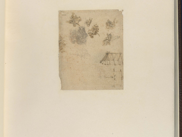 Leonardo da Vinci, Sei disegni di oggetti simili a bandiere lanciate in aria e struttura di tenda per accampamento militare, in pianta e alzato. Al margine sinistro, frammento di schizzo a penna asportato di un disegno perduto del Diluvio, ca 1515 