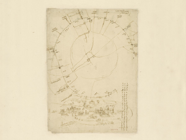 Leonardo da Vinci (1452-1519), Codice Atlantico (Codex Atlanticus), foglio 199 verso, In alto, planimetria della città di Milano con l'indicazione delle sue porte, In basso, veduta a volo d'uccello della città di Milano| © Veneranda Biblioteca Ambrosiana / Mondaori Portfolio