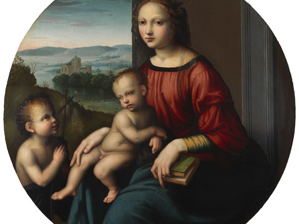 Maestro della Lamentazione di Scandicci, Madonna col Bambino e San Giovanni Battista. Olio su tavola, Ø 83.9 cm