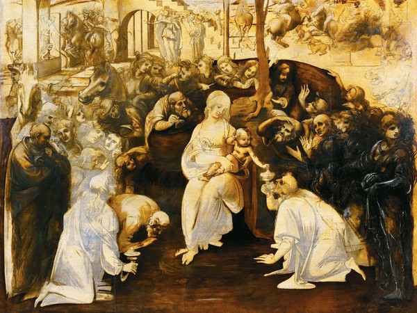 Leonardo da Vinci, Adorazione dei Magi, 1482 ca., Disegno a carbone, acquerello di inchiostro e olio su tavola, 244 x 240 cm, Firenze, Gallerie degli Uffizi