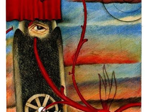 Mohsen Taasha Wahidi, The Red Curtain, 2010, matite colorate su carta, 22,5x34cm