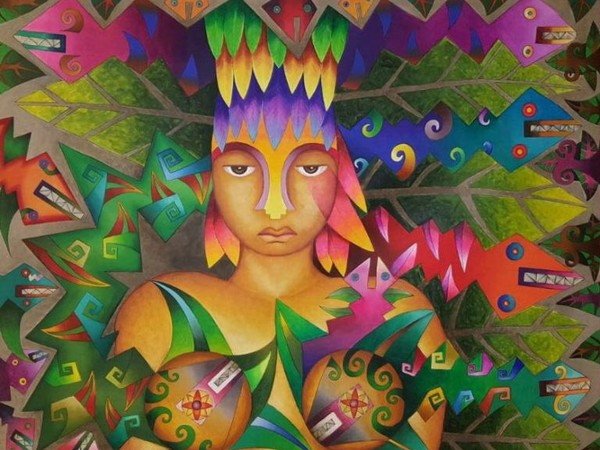 Roberto Mamani Mamani, Iyambae - Senza Padrone, serie Amazonas, 2015, acrilico su tela, 100x 150cm