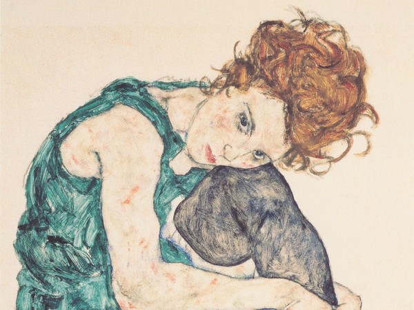 Egon Schiele, Donna seduta con le gambe tirate su, Ritratto della moglie Edith Harms, 1917, Galleria Nazionale di Praga