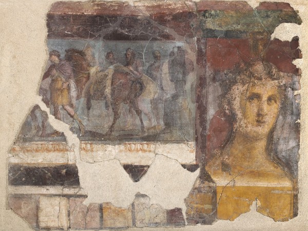 Erma femminile e quadretto con scena iliaca, I sec. d.C. Affresco Pompei, Casa del Criptoportico