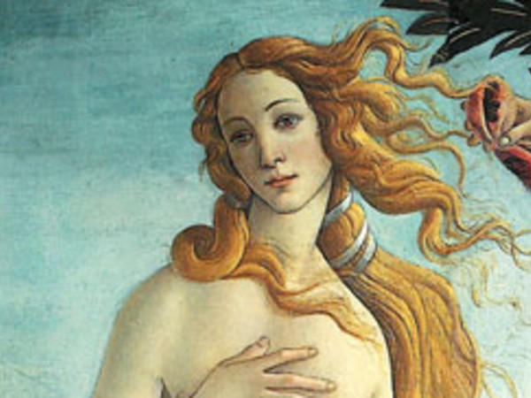 Botticelli, Nascita di Venere (particolare), 1482-1485. L'artista si ispira al ricordo di Simonetta Vespucci, nobildonna di origini liguri che visse alla corte dei Medici e che fu considerata la più bella donna del mondo allora conosciuto. La sua figura era così nota che l'artista si ispirò a lei anche se era già deceduta da almeno otto anni, morta di tisi appena ventitreenne.