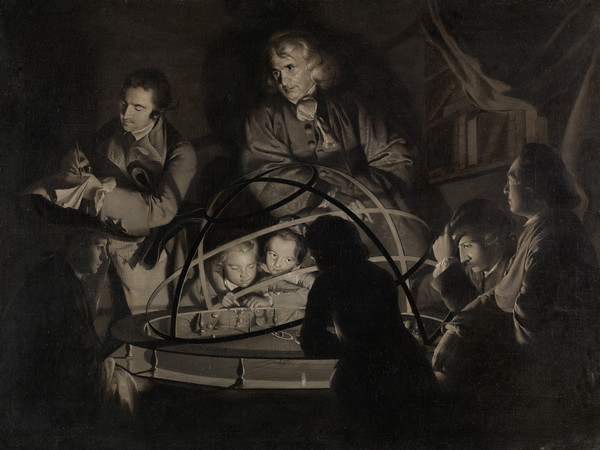 Joseph Wright, detto Wright of Derby, Filosofo che tiene una dissertazione sul planetario, nel quale una lampada è collocata al posto del sole, circa 1768, olio su tela, 44,8 x 59,7 cm