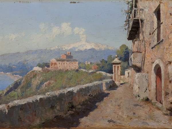 Mario Mirabella, Taormina. Veduta di San Domenico, 1898-1910 circa. Olio su tela. Collezione Antonello Governale, Palermo