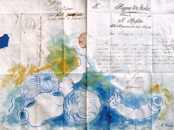 Renzo Fortin, Selinunte, china e acquerello su manoscritto datato 1812, 32x44, 2015