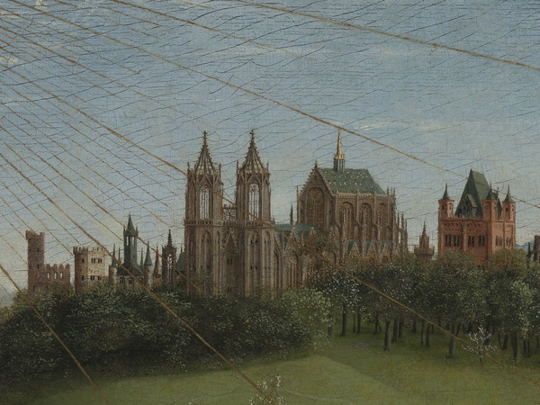 Jan e Hubert van Eyck, L’Adorazione dell’Agnello Mistico, 1432, Dettaglio del paesaggio sullo sfondo del pannello centrale dalla Pala d'altare di Gand aperta con l'Adorazione dell'Agnello, Dopo il restauro, Olio su tavola, Gand, Cattedrale di San Bavone | Courtesy of Saint-Bavo’s Cathedral Ghent © Lukasweb.be - Art in Flanders vzw | Photo: KIK-IRPA