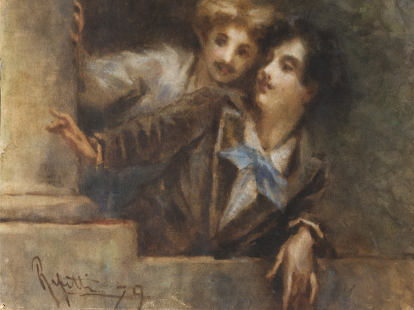 Camillo Rapetti, Al balcone (I curiosi), 1879, Acquarello, 50 x 58 cm, Collezione privata