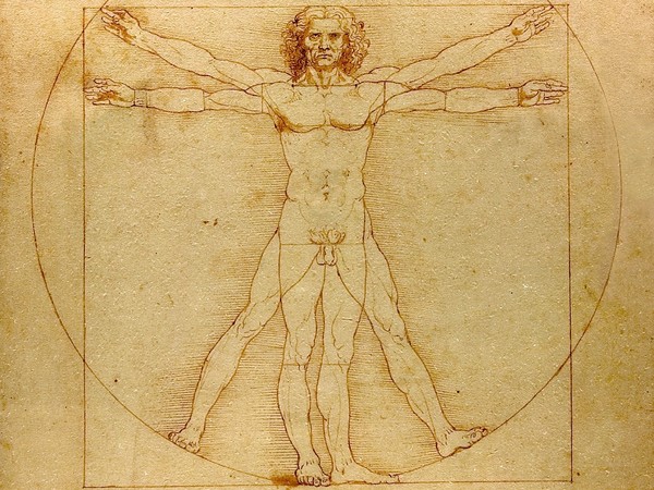 Leonardo da Vinci, Studio di Proporzioni del Corpo noto come Uomo Virtuviano, 1490 circa, Inchiostro metallo-tannico, inchiostro acquerellato, punta metallica, perforazioni e depressioni circolari, con incisioni a stilo in parte successive, su carta, Venezia, Gallerie dell'Accademia