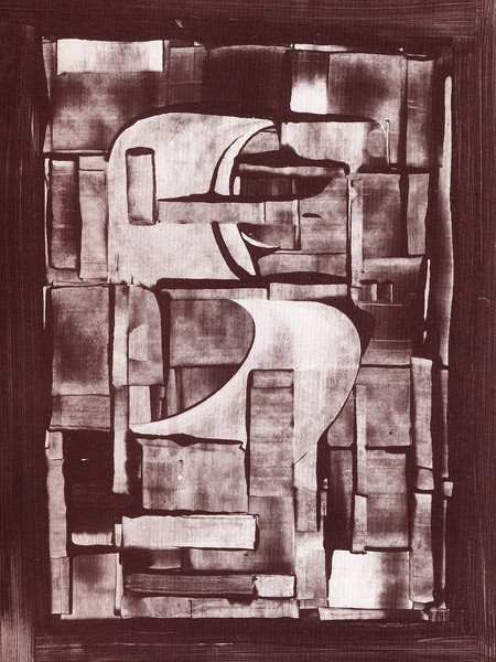 Manlio Rho, Composizione 1955- 57, pasta amido bruno su carta, cm 48,8x36