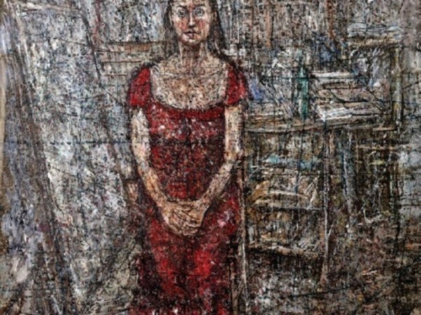 Celso Varela, Dama de rojo, 2004, olio cartapesta, 120x80 cm