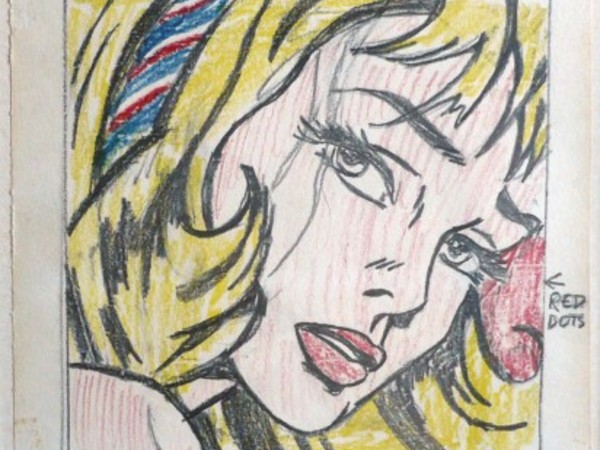 Roy Lichtenstein, <em>Girl with Hair Ribbon (Study), </em>1965. Graphite pencil and colored pencil on paper, 14.3x14.6 cm. Private collection <br />