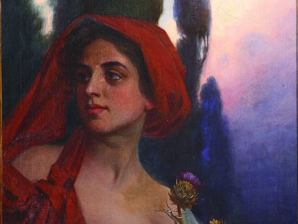 Adolfo De Carolis, Donna con foulard rosso, 1902, Olio su tela, Collezione Fondazione Cassa di Risparmio di Fermo | Courtesy of Palazzo dei Priori, Fermo