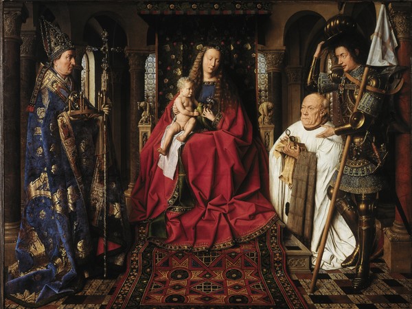 Groeningemuseum: Jan van Eyck (circa 1390 - 1441), Madonna con il Canonico van der Paele, 1436, Olio su pannello, 157.8 x 122.1 cm