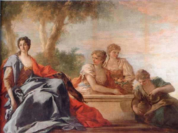 Giovanni Antonio Pellegrini, Ritratto di dama in un giardino e le ancelle al pozzo, 1719, Olio su tela, 310 x 184 cm