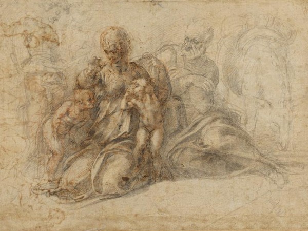 Michelangelo Buonarroti (1475 - 1564), La Sacra Famiglia con San Giovanni Battista (recto), 1525 - 1530 circa, Gesso nero e rosso, penna e inchiostro sopra puntasecca, 27.9 x 39.4 cm, Los Angeles, The J. Paul Getty Museum