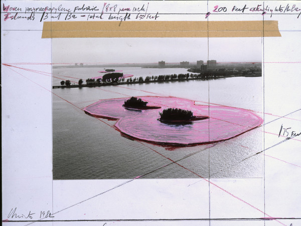 Christo, Surrounded Island, Biscayne Bay, Greater Miami, Florida, Collage 1982 28 x 35,5 cm, Pencil, photography by Wolfgang Volz, enamel paint, charcoal, wax crayon and tape | Photo Eeva-Inkeri © Christo 1982