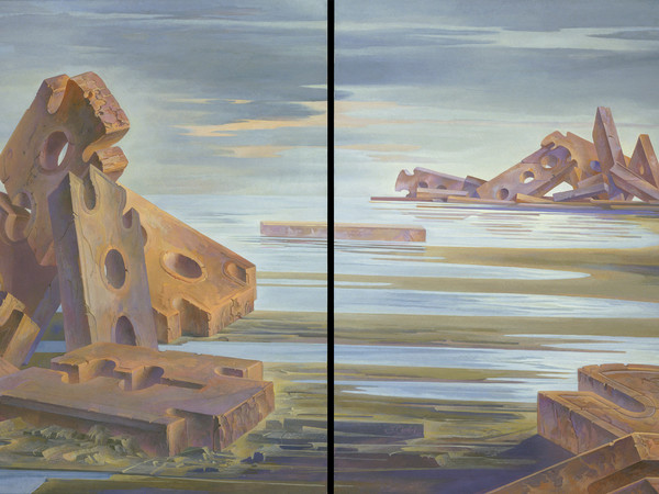 Fabrizio Clerici, Dalla mia finestra, 1975, Olio su tavola, Dittico, 73 × 121 cm