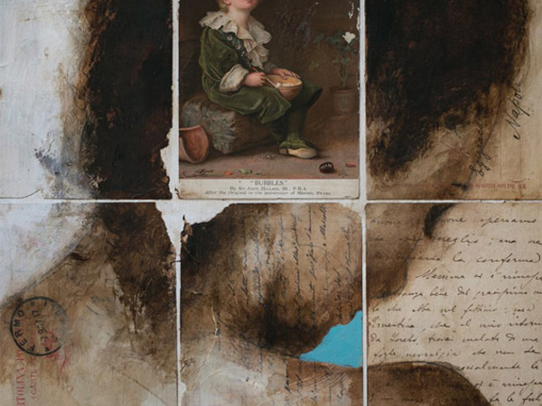 Fabio Imperiale, Liriche di una lacerazione. Bitume, caffè e acrilico su cartoline d'epoca applicate su tavola, 27,5x28 cm